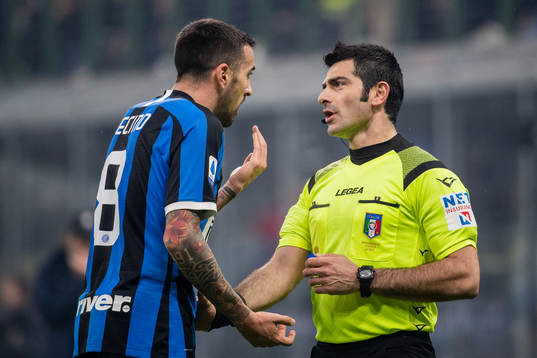 Matias Vecino of Inter in a discussion with the referee