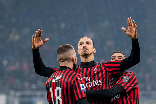 Zlatan Ibrahimovic of Milan celebrates after scoring 0-2