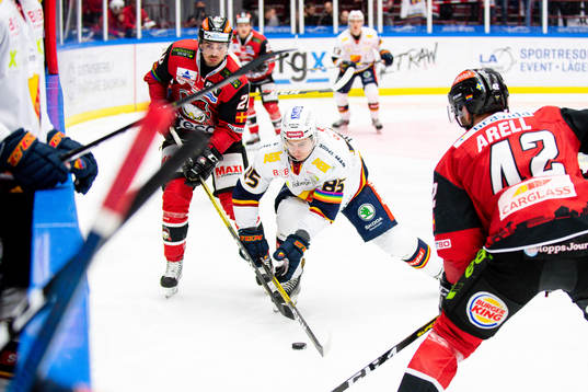 Djurgårdens Michael Haga och Malmö Redhawks Henrik Hetta