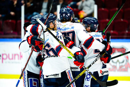 Linköpings spelare jublar med Adam Ginning