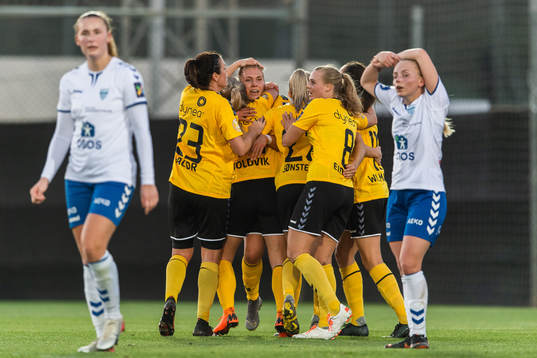Emilie Nautnes of LSK Kvinner celebrates with team mates after scoring 1-0