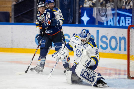 Leksands målvakt Axel Brage och Växjös Marcus Sylvegård