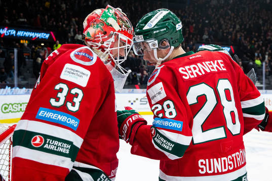 Frölundas målvakt Johan Mattsson jublar ihop med Johan