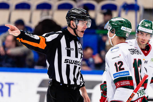 Domare Mikael Holm skäller på Frölundas Max Friberg