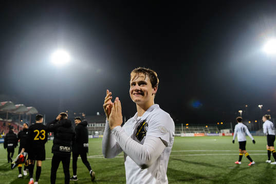 s Saku Ylätupa jublar efter fotbollmatchen i Svenska Cupen mellan AIK och Kalmar den 9 mars 2020 i Stockholm.