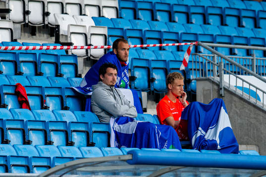 Vegard Forren, goalkeeper Markus Olsen Pettersen and Kristoffer Barmen of Brann look on from the stands during the Eliteserien football match between Haugesund and Brann on June 17, 2020 in Haugesund.
