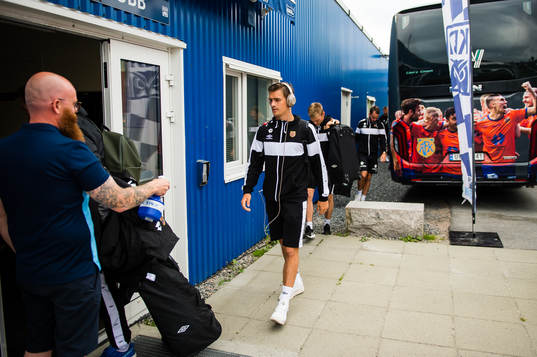 Sigurd Hauso Haugen of Aalesund arrives ahead of the Eliteserien match between Kristiansund and Aalesund on June 21, 2020 in Kristiansund.