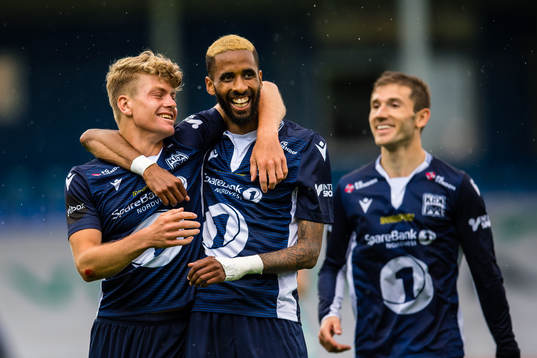 Sondre Sørli of Kristiansund celebrates after scoring the 6-2 goal with Amahl William D'Vaz Pellegrino of Kristiansund