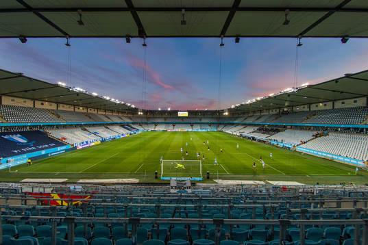 s målvakt Jacob Haugaard och fullbordar sitt hattrick på ett tomt Eleda Stadion under kvartsfinalen i Svenska Cupen mellan Malmö FF och AIK den 25 juni 2020 i Malmö.
