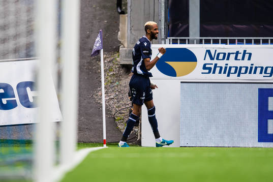 Amahl William D'Vaz Pellegrino of Kristiansund celebrates after scoring the 1-0 goal