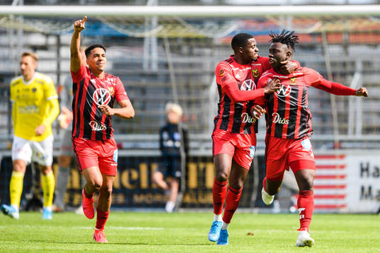 Östersunds Marco Weymans  och Isak Ssewankambo jublar med