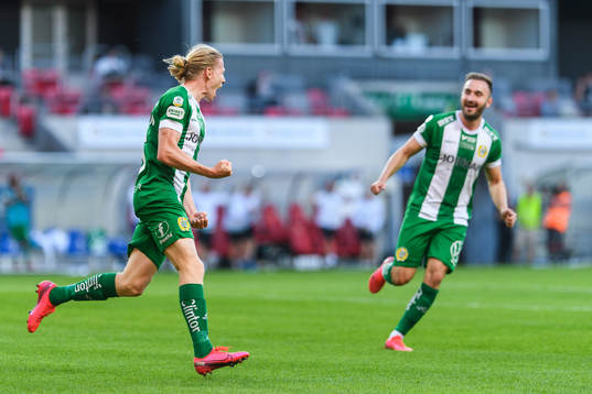 Hammarbys Gustav Ludwigson jublar med Muamer Tankovic efter 1-2