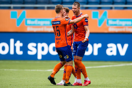 Holmbert Aron Briem Fridjonsson of Aalesund celebrates with Ståle Stålinho Sæthre