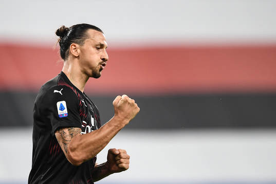 Zlatan Ibrahimovic of AC Milan celebrates after scoring the third goal during the Serie A match between Sampdoria and Milan on July 29, 2020 in Genoa.

