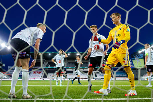 Birk Risa, Filip Jørgensen and goalkeeper Sondre Rossbach of Odd