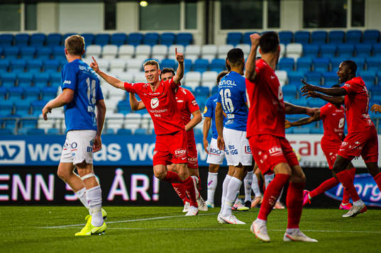 Jon-Helge Ødegård Tveita of Brann celebrates after scoring the 1-2 goal