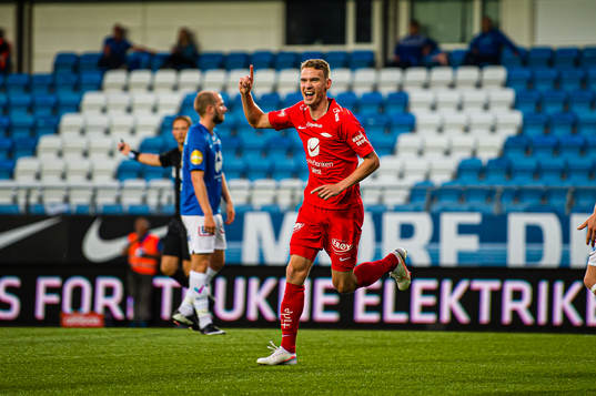 Jon-Helge Ødegård Tveita of Brann celebrates after scoring the 1-2 goal