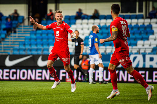Jon-Helge Ødegård Tveita of Brann celebrates after scoring the 1-2 goal