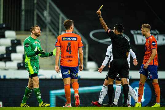 Gudmund Broks Kongshavn of Aalesund after receiving a yellow card