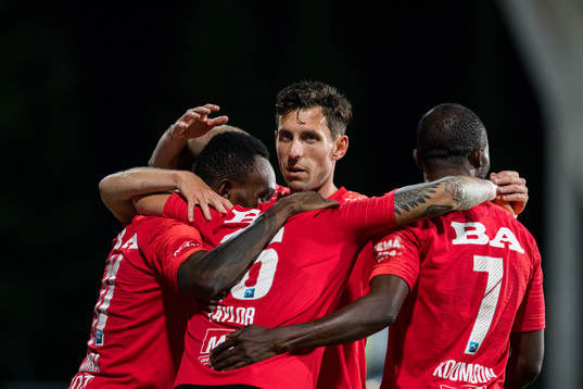 Daniel Alexander Pedersen of Brann celebrates with teammates after  the 0-1 goal during the Eliteserien football match between Stabæk and Brann on August 24, 2020 in Bekkestua.

