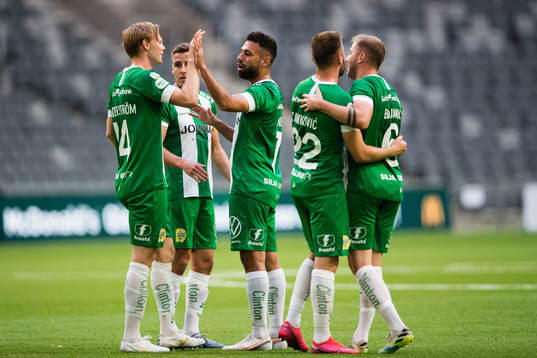 Tim Söderström, Imad Khalili, Muamer Tankovic and Darijan Bojanic of Hammarby celebrate 2-0