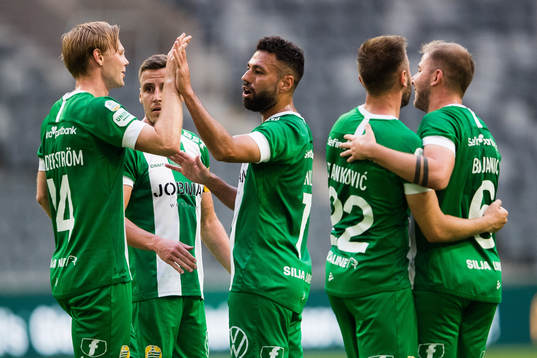 Tim Söderström, Imad Khalili, Muamer Tankovic and Darijan Bojanic of Hammarby celebrate 2-0