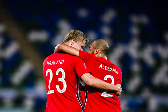 Erling Braut Haaland and Haitam Aleesami of Norway celebrate the 1-5 goal