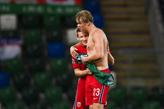 Jonas Svensson and Erling Braut Haaland of Norway celebrate