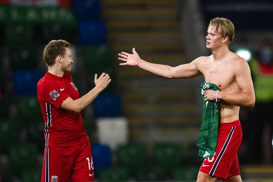 Jonas Svensson and Erling Braut Haaland of Norway celebrate