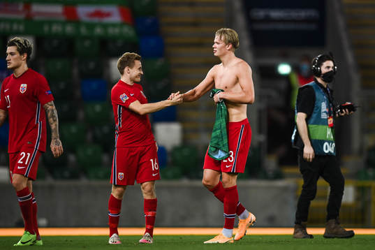Jonas Svensson and Erling Braut Haaland of Norway celebrate
