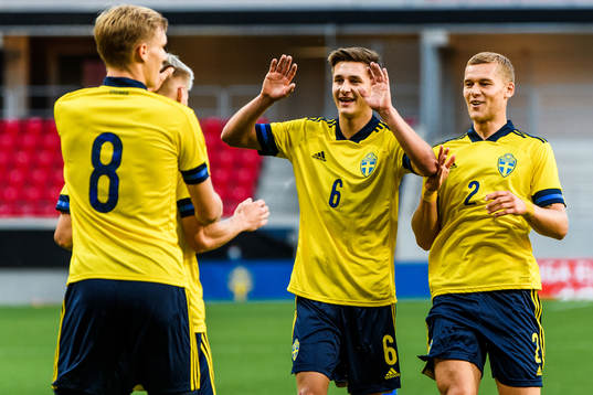 Svante Ingelsson , Leo Bengtsson and Felix Beijmo of Sweden celebrate with Pontus Almqvist after the 1-0 goal