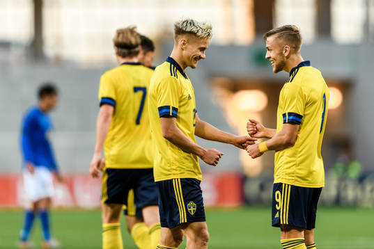 Pontus Almqvist and Jesper Karlsson of Sweden celebrate the 2-0 goal