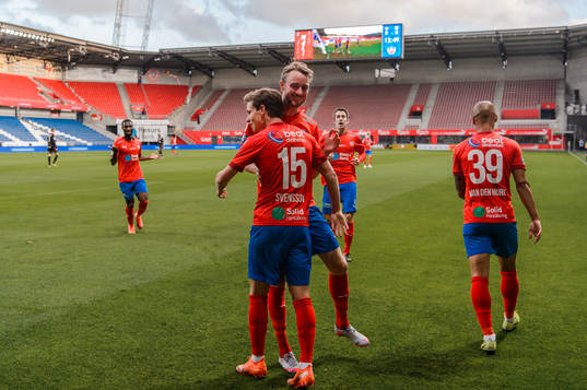 Helsingborgs Max Svensson och Rasmus Jönsson jublar efter 1-0