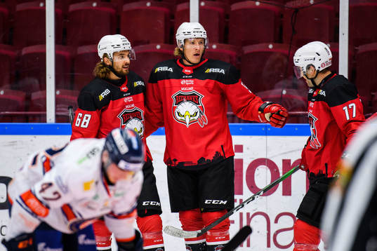 Malmö Redhawks Emil Sylvegård jublar med Adam Brodecki