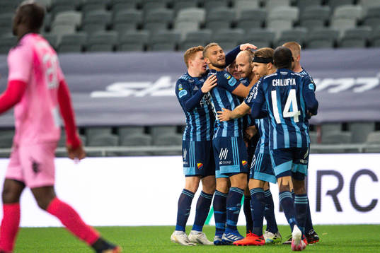 Curtis Edwards, Aslak Witry , Jesper Karlström and Jacob Une Larsson of Djurgården celebrate the 1-0 goal