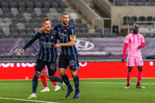 Fredrik Ulvestad and Jesper Karlström of Djurgårde celebrate the 2-1 goal