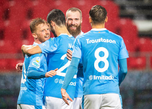 Malmö FFs Anders Christiansen jublar efter 0-2 tillsammans med Adi Nalic, Jo Inge Berget och Arnór Traustason 