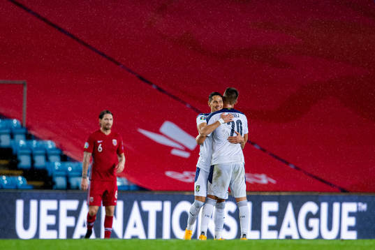 Sasa Lukic and Sergej Milinkovic-Savic of Serbia celebrate