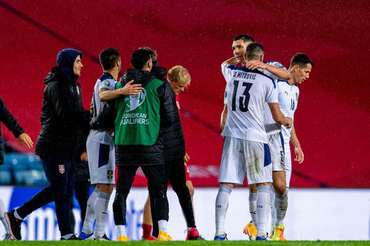 Stefan Mitrovic and Nikola Milenkovic of Serbia celebrate