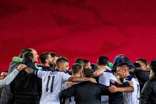 Aleksandar Kolarov, Sergej Milinkovic-Savic and players of Serbia celebrate