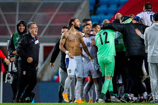 Nemanja Gudelj and players of Serbia celebrate