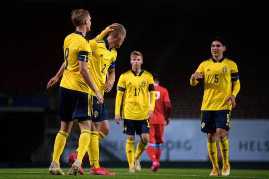 Felix Beijmo, Svante Ingelsson, Emil Hansson and Eric Kahl of Sweden celebrate the 4-0 goal