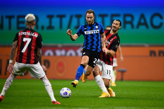 Zlatan Ibrahimovic of Milan and Christian Eriksen of Inter