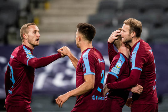 Malmö FFs Franz Brorsson, Jonas Knudsen, Anders Christiansen och Ola Toivonen jublar efter 0-2