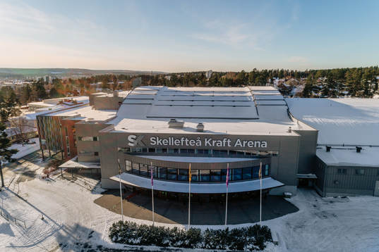 Flygbild över Skellefteå Kraft Arena exteriört före