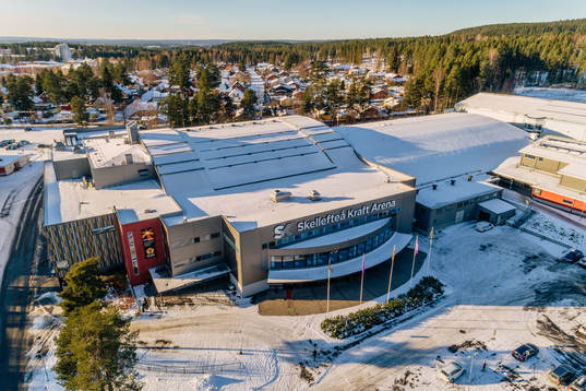 Flygbild över Skellefteå Kraft Arena exteriört före