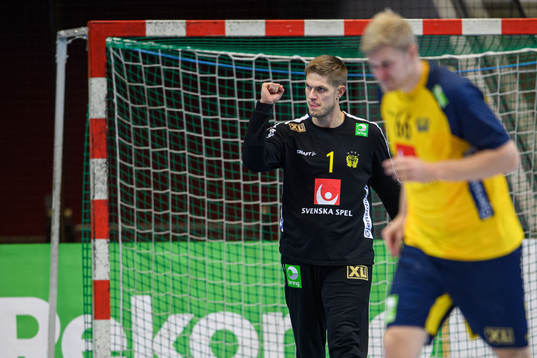 Goalkeeper Peter Johannesson of Sweden celebrates