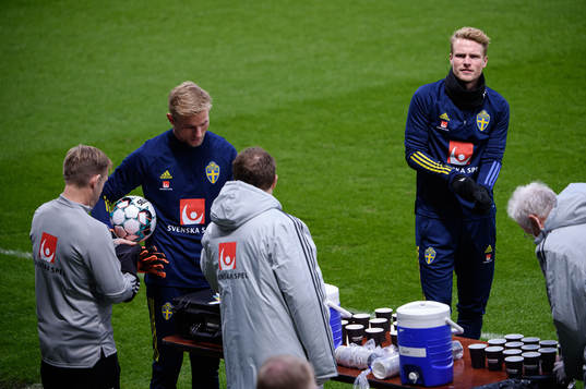 Goalkeeper Jacob Rinne and Oscar Hiljemark of the Swedish