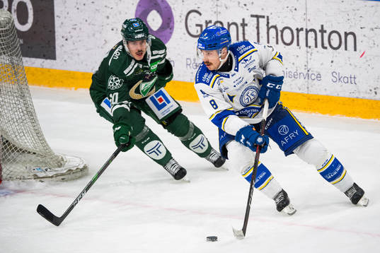 Färjestads Sebastian Erixon och Leksands Matt Caito