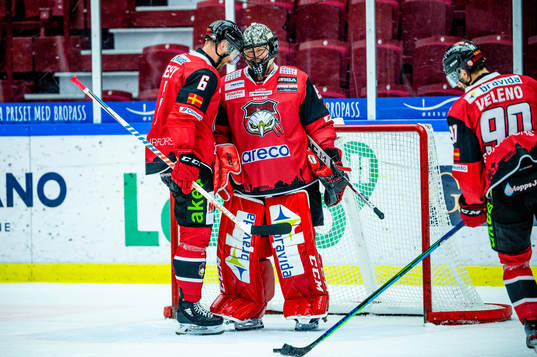 Malmö Redhawks Patrik Hersley och målvakt Oscar Alsenfelt